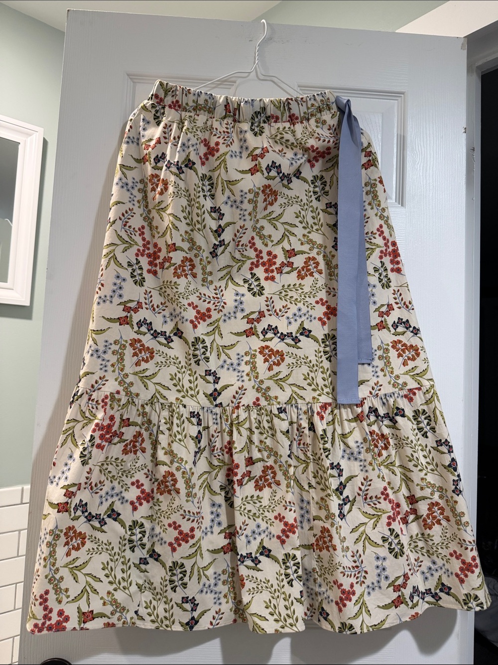 Spartina 449 Cream Floral Tiered Midi Skirt with Blue Ribbon